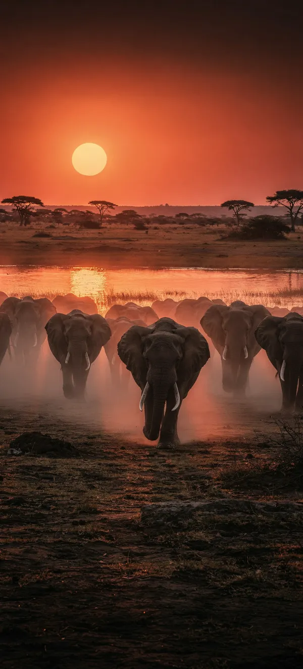 Elephants at Sunset Waterhole