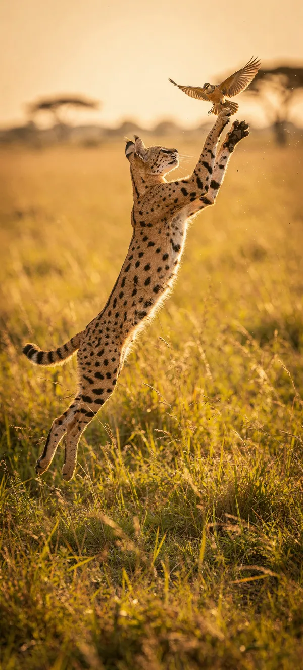 Serval Cat Mid-Air Hunt