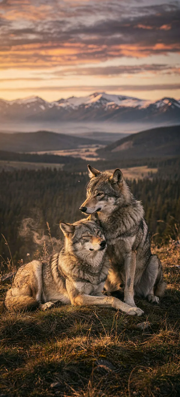 Wolf Pair Sunset Hilltop
