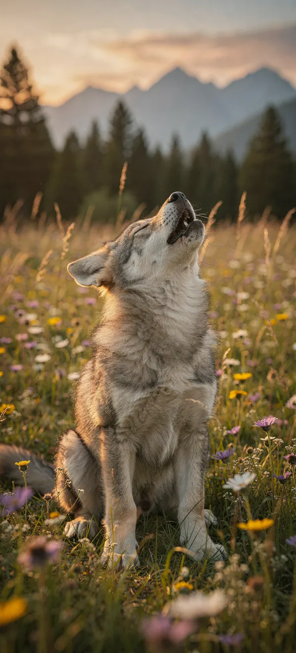 Young Wolf Howling in Wildflowers