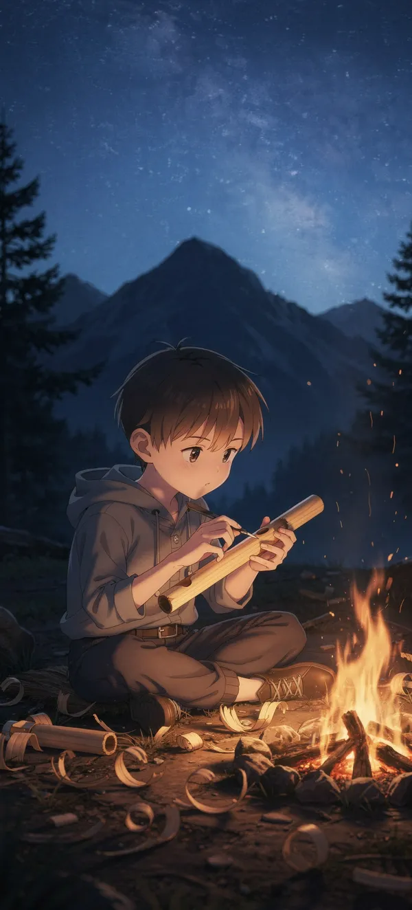 Boy Carving Flute by Campfire