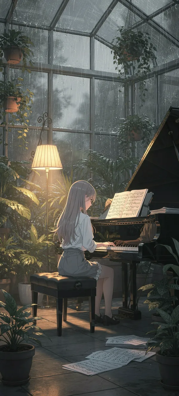 Piano Girl in Rainy Conservatory