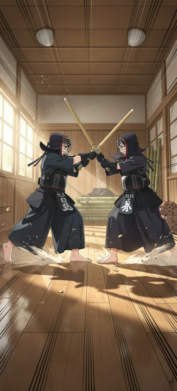 Anime Kendo Match in Traditional Dojo