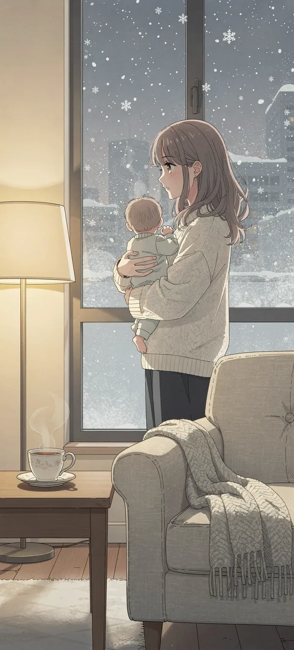 Anime Mother and Baby Winter Scene