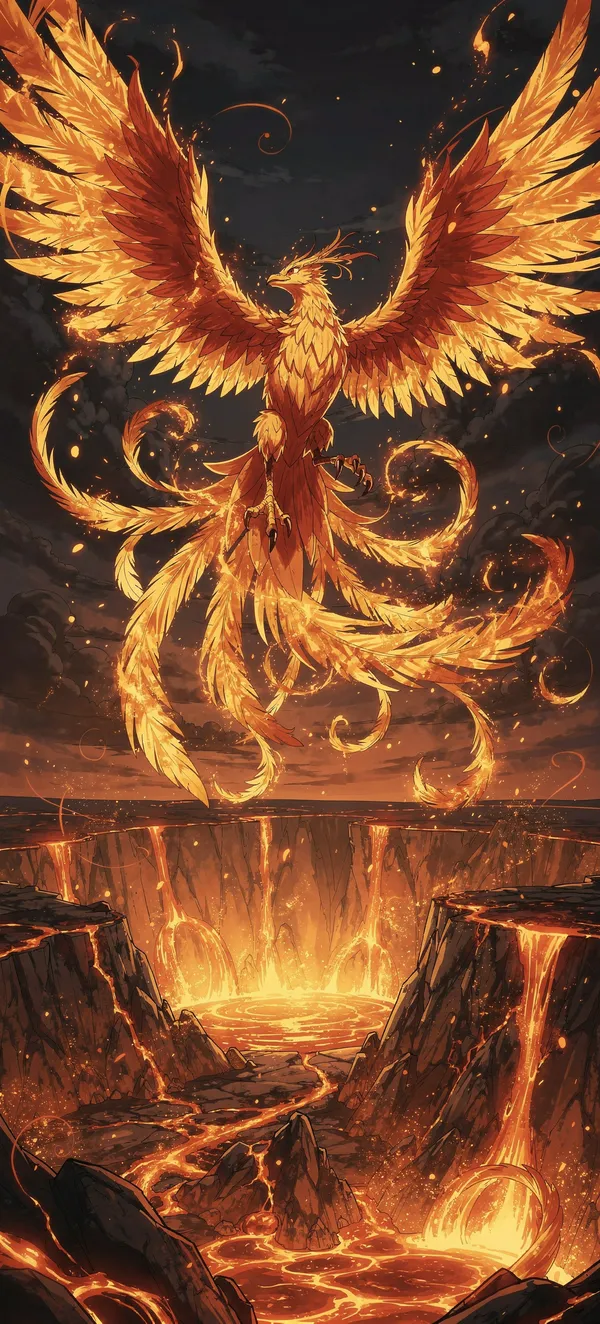 Anime Phoenix Rising from Volcanic Flames