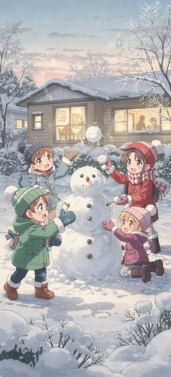 Winter Anime Children Snowman