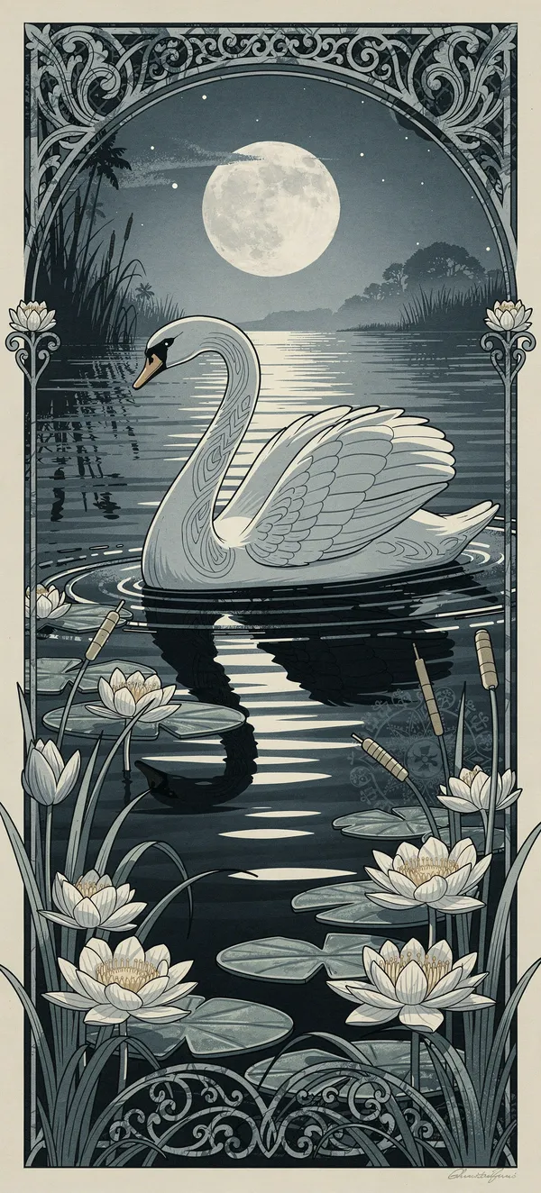 Art Nouveau Swan Moonlight