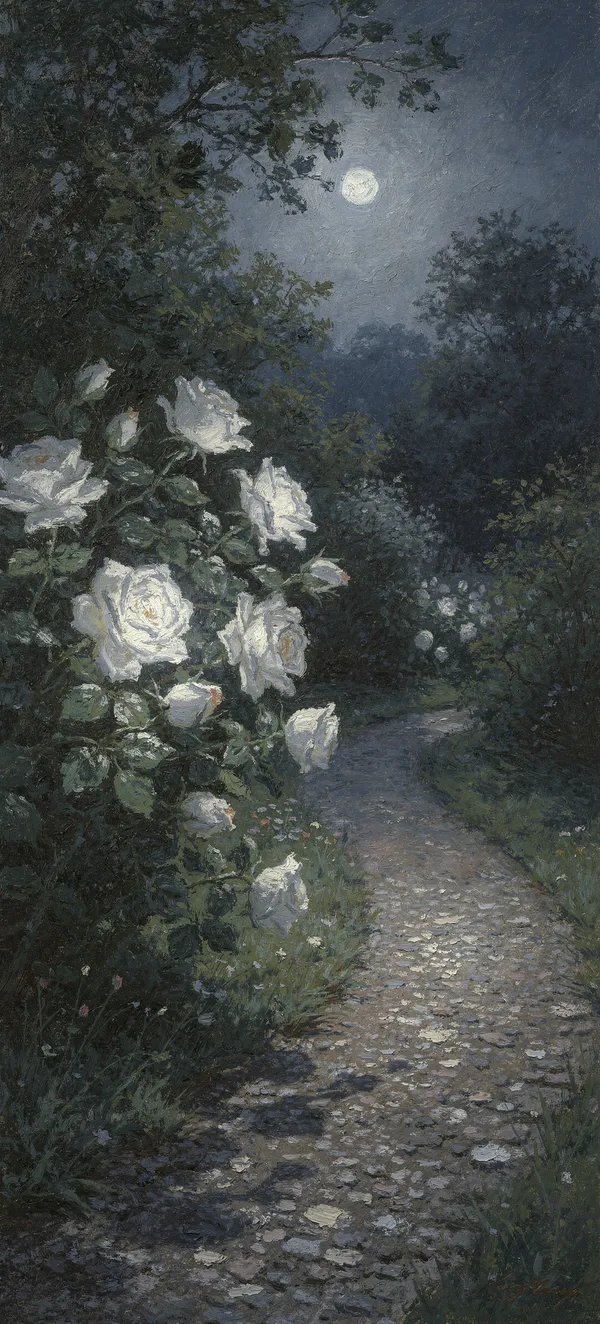 Moonlit Garden with White Roses