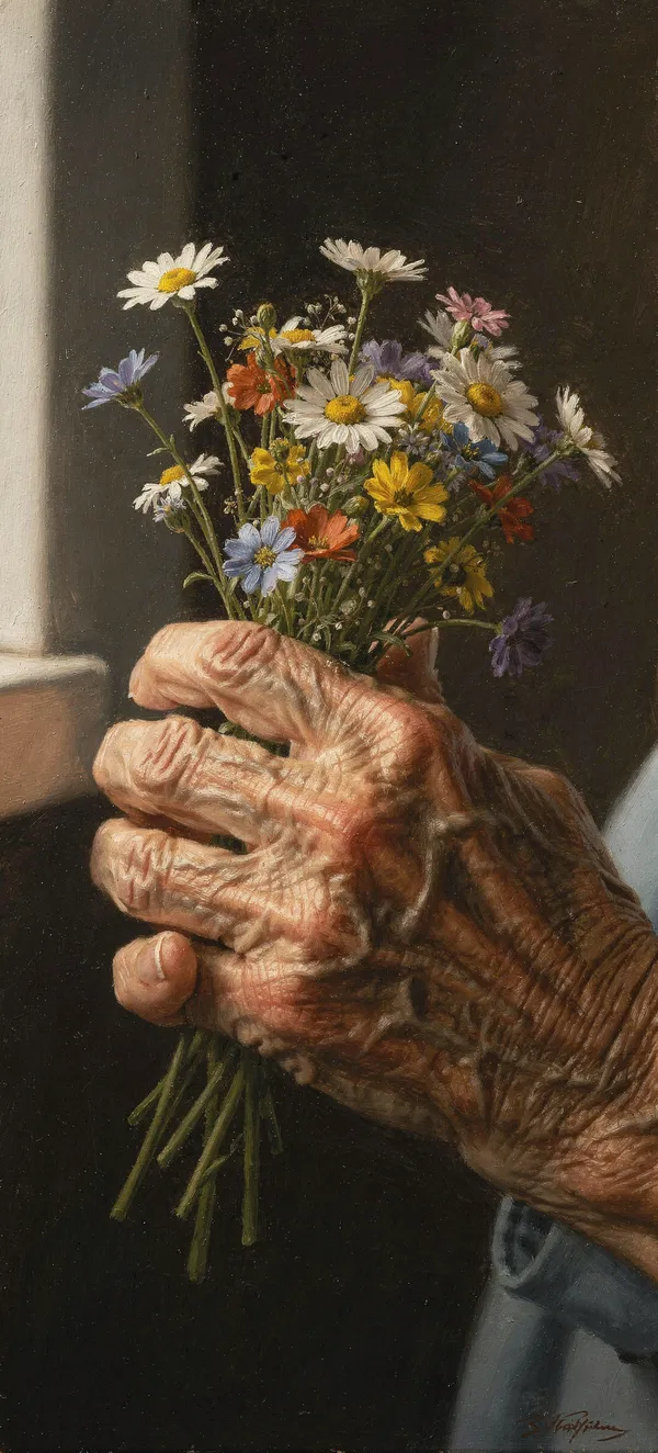 Elderly Hands Wildflowers Portrait