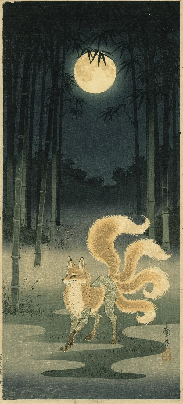Mystical Kitsune in Moonlit Bamboo