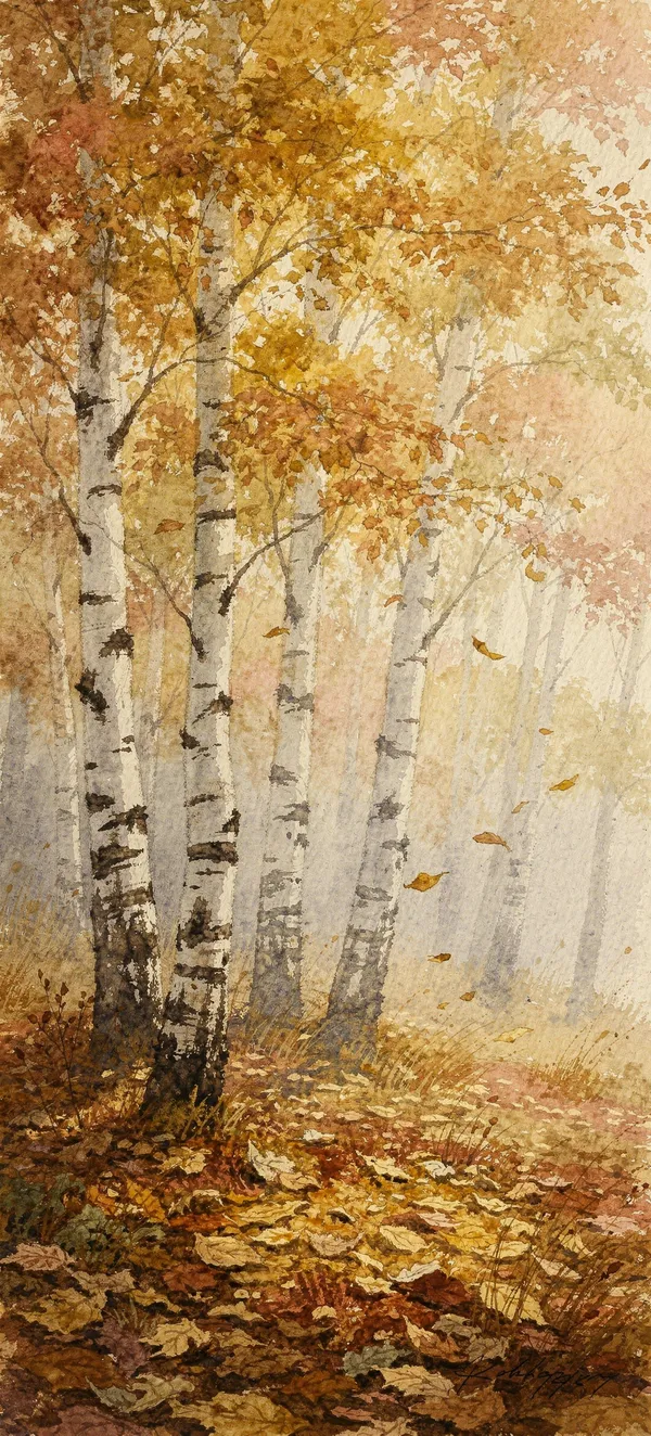 Watercolor Autumn Birch Grove