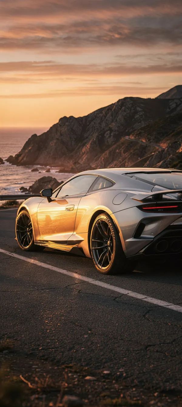 Silver Sports Car Coastal Sunset