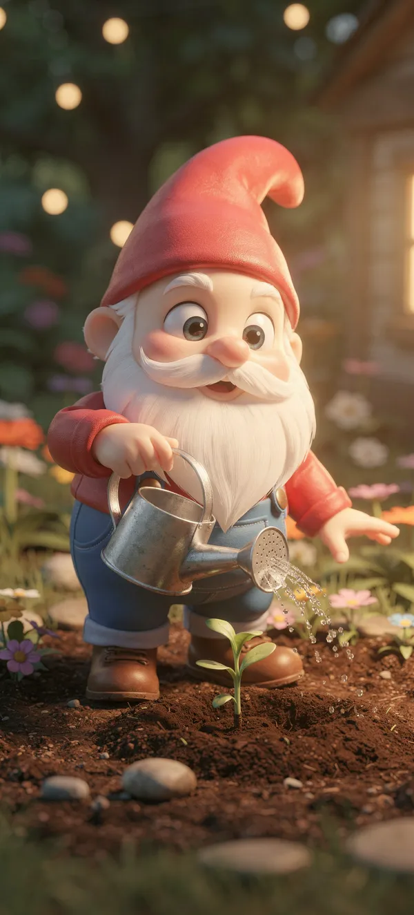Cheerful Garden Gnome Watering Seedling