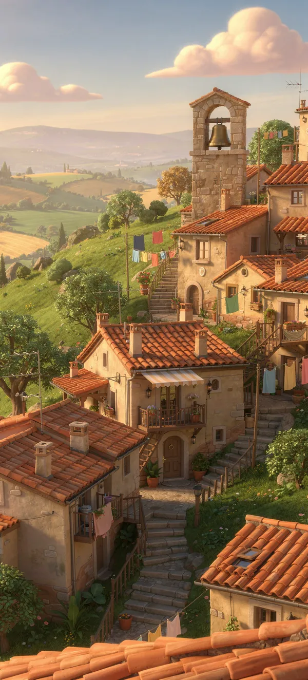 Cartoon Hillside Village at Golden Hour