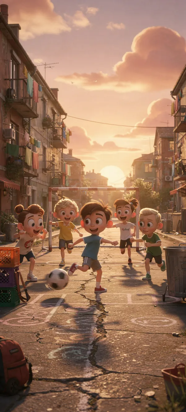 Cartoon Street Football Kids at Sunset