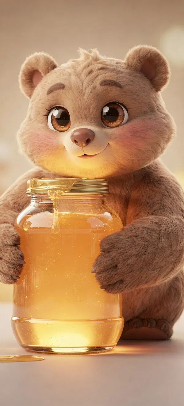 Cute Bear Cub with Honey Jar