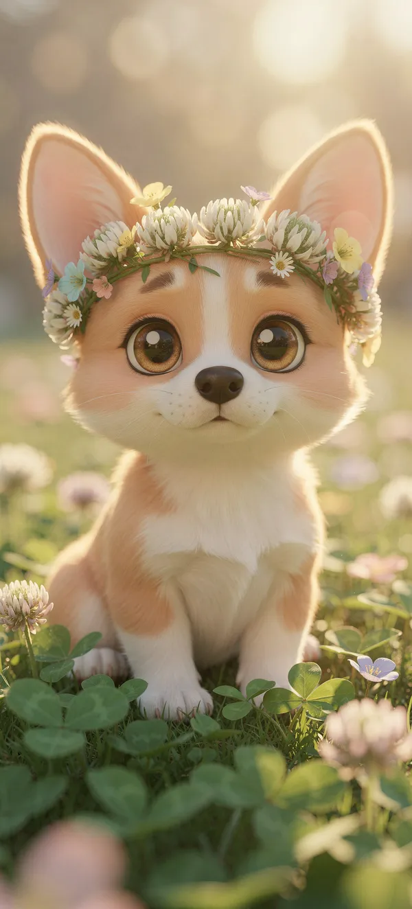 Dreamy Corgi Puppy in Flower Crown