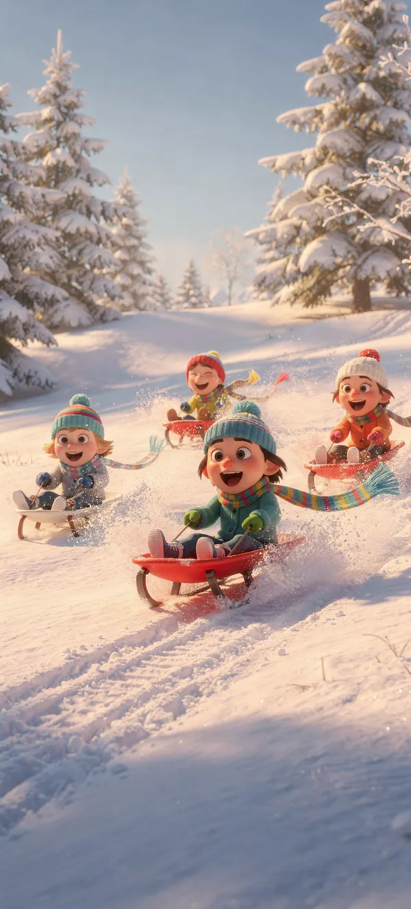 Kids Sledding Snow Hill Cartoon