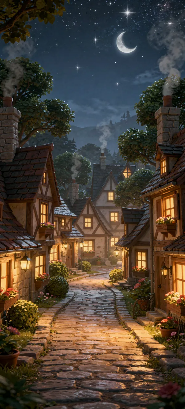 Cozy Cartoon Village Night