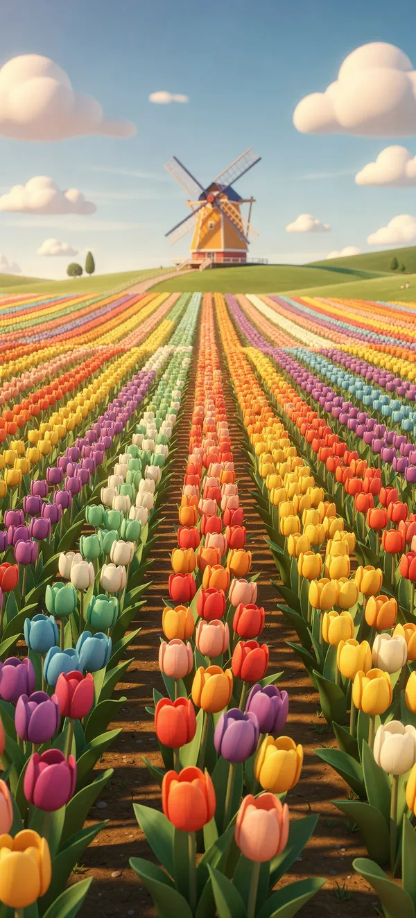 Vibrant 3D Cartoon Tulip Field
