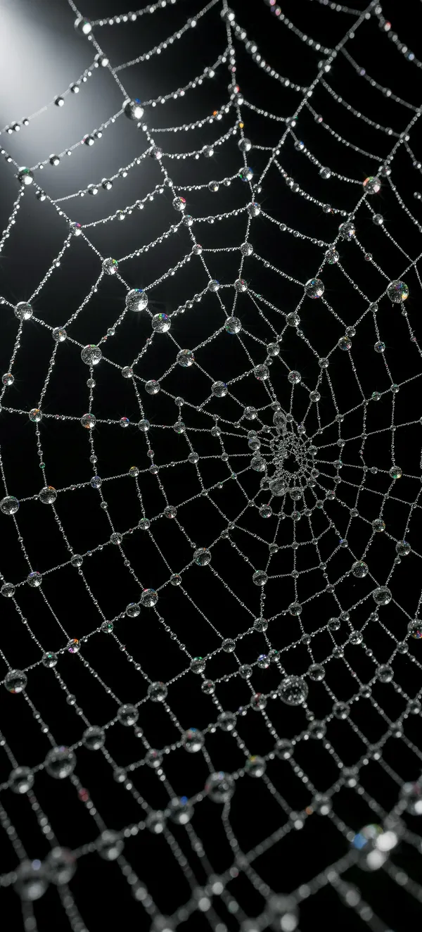 Glowing Spider Web with Dew Drops