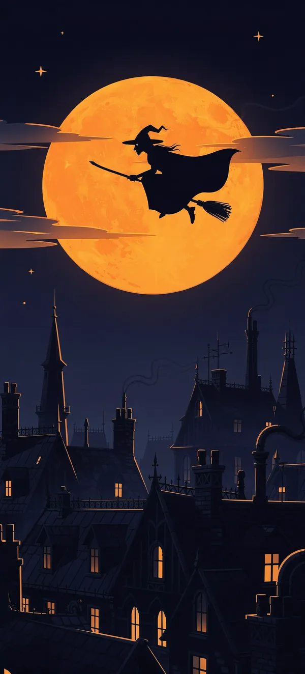 Witch Flying Across Harvest Moon