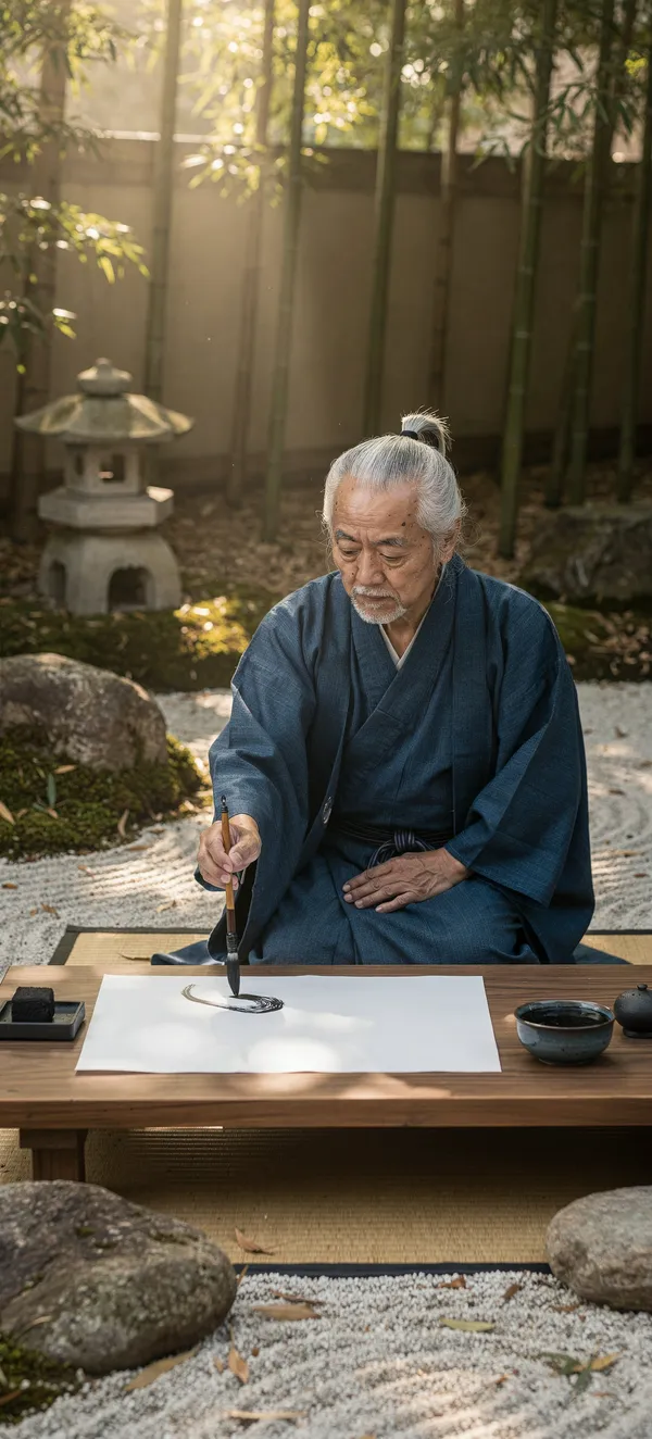 Elderly Japanese Man Calligraphy