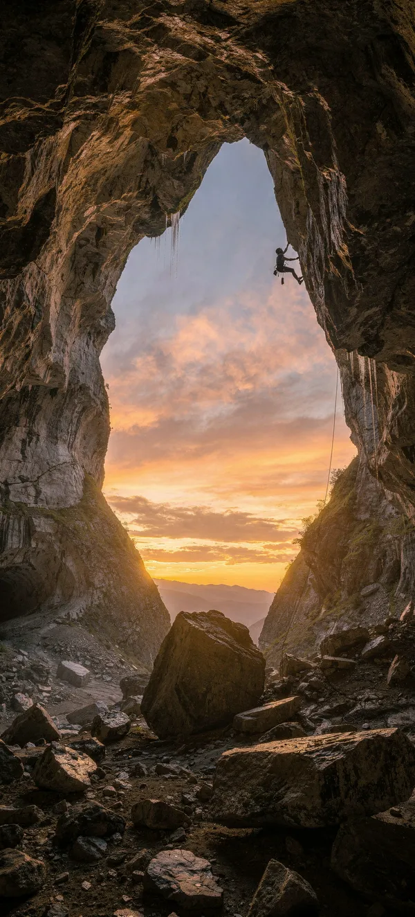 Rock Climber Cave Sunset