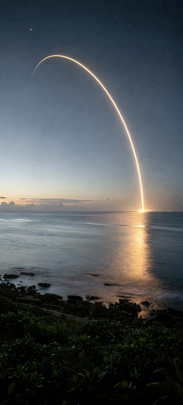 MMX Launch: Rocket Arc over the Ocean at Dawn